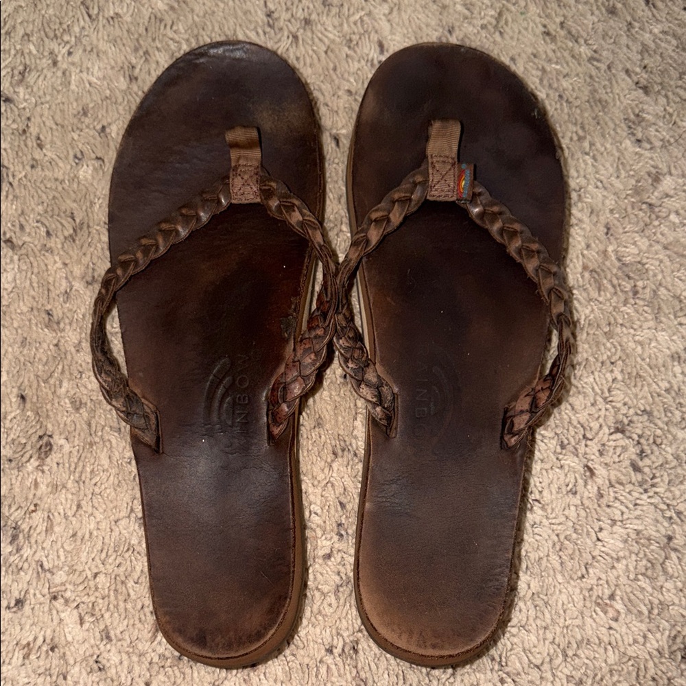 Rainbow Women's Brown Braided Leather Flip Flop Sandals